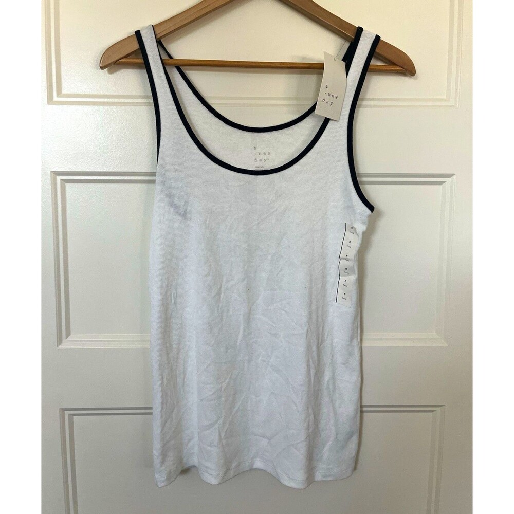 A New Day Women's Cotton Rib Knit Scoop Neck Contrast Trim Tank Top M